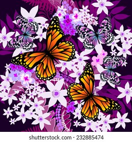 Seamless purple abstract floral background with butterflies. Vector