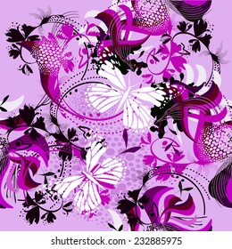 Seamless purple abstract floral background with butterflies. Vector