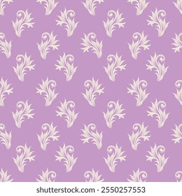 Seamless purple background with baroque beige pattern. Retro vector illustration. Ideal for printing on fabric or paper for wallpaper, textiles and wrapping.