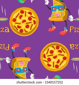 Seamless purple background with cheerful character piece of pizza and a large pizza with the signature. Vector image. eps 10