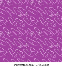Seamless purple background with different colored shoes on a white background