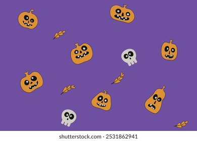 Seamless purple background with funny and scary skulls, orange pumpkins and yellow autumn leaves for Halloween, October 31st, All Hallows' Day