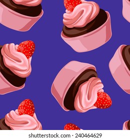 Seamless purple background with a pattern of brown delicious chocolate strawberry cupcake with pink whipped cream