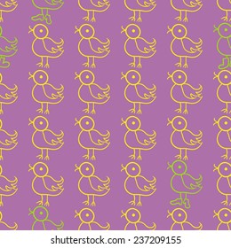 Seamless purple background with a pattern of funny green and yellow birds in shoes