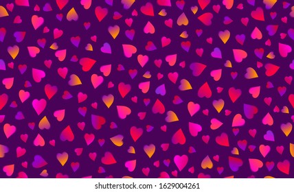 Seamless purple background with pink and red valentines hearts. Valentines greeting banner. Horizontal holiday background, headers, posters, cards, website. Vector illustration