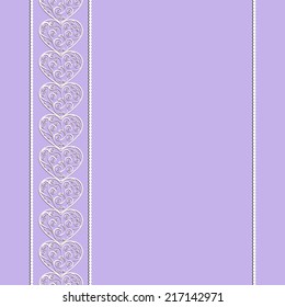 Seamless purple background with vertical lace ribbon with a pattern of hearts and swirls