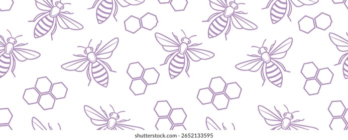 Modelo púrpura inconsútil de la abeja y del panal en el fondo blanco, diseño elegante del arte de la línea del insecto perfecto para los Fondos de pantalla, las telas, el papel de envoltura, las impresiones, y los proyectos decorativos inspirados modernos de la naturaleza.