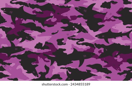 Seamless purple and black camouflage pattern with shark silhouettes. Apparel textile pattern.