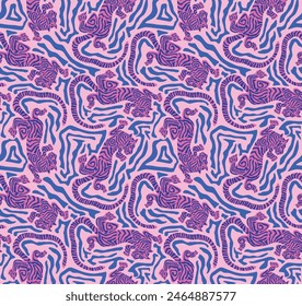 Seamless purple and blue tiger lines on a pink background pattern