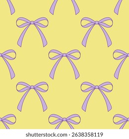 Seamless purple bows pattern on yellow background. Violet ribbon with repeat design wallpaper.