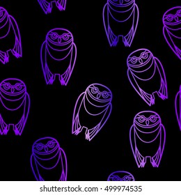 Seamless purple burrowing owls over a black background. Vector EPS-10 file, no transparency used. 
