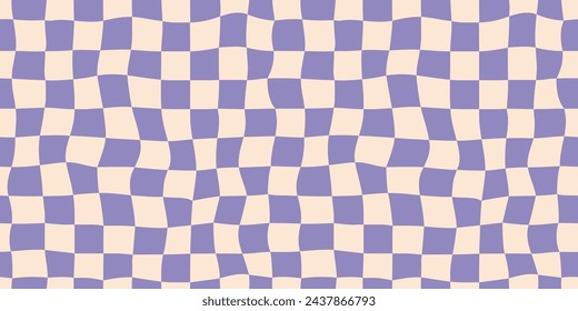 Seamless purple checkerboard pattern. Repeating distorted checkered texture. Groovy trippy abstract background. Vintage retro style wallpaper for textile, fabric, wrapping paper. Vector check surface