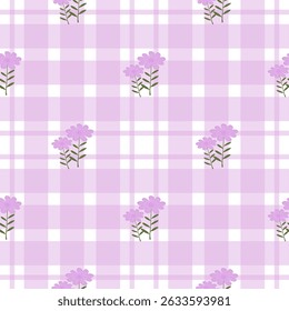 A seamless purple checkered pattern with small lavender flowers. Perfect for fabric, wallpaper, or stationery design. Soft, cute, and vintage-inspired.