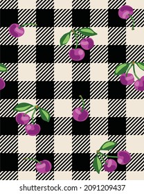 Seamless Purple Cherry Pattern With Gingham Pattern, Tartan Check Plaid Vector