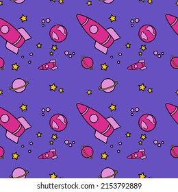 Seamless purple children's background with space and rocket pattern	