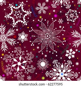 Seamless purple christmas pattern with snowflakes and colorful stars (vector)