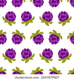 Seamless Purple Clover Pattern. Seamless pattern with purple clover flowers and green leaves on white background. Flat style with bright natural colors.