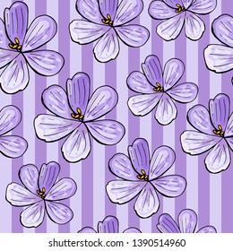 Seamless purple crocus pattern for wallpaper design. Spring blossom hand drawn illustration ornament with lilac flowers for wrapping paper, fabric textile, clothes and wedding decoration