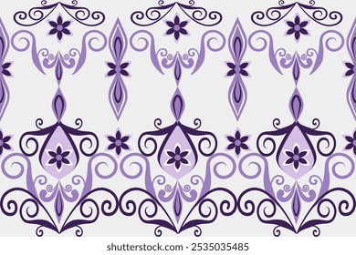 A seamless purple damask border pattern featuring intricate floral motifs: vector illustration for elegant textile design, carpet, curtains, and clothing.