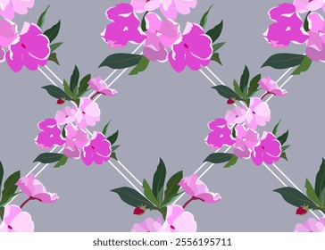 Seamless purple floral pattern Cute tile print  Abstract floral ornaments. Gentle decorative botanical texture design Hand drawn small flowers  leaves  Purple bouquet on white grid background