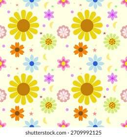 seamless Purple  Floral Pattern with Cute roes cosmos style blossoms, heart icons and Star Elements
