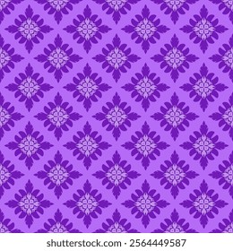 A seamless purple floral pattern with intricate geometric shapes creates vibrant and elegant design, perfect for textiles or wallpapers. repeating motif adds sense of harmony and sophistication