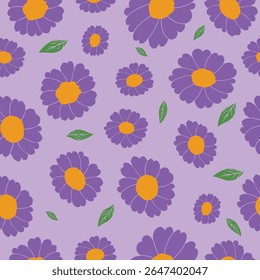 Seamless purple floral summer pattern with bold daisy flowers and green leaves on lilac background for fashion, fabric, packaging and decor.