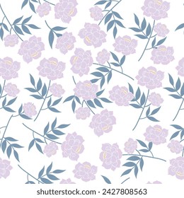 seamless purple flowers pattern. Delicate petals and vibrant blossoms create an artistic and vintage botanical illustration. Perfect for wallpaper, fabric, wrapping paper and more.