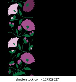 Seamless purple fowers pattern on black background. Vector illustration.
