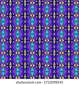 Padrão abstrato geométrico roxo sem costura com simetria caleidoscópio, estrelas de néon e formas vibrantes, ideal para fundo, papel de parede, têxtil e design moderno.