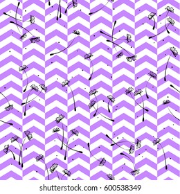 Seamless purple geometric pattern with dandelions on the zigzags background. Can be used in textiles, for book design, website background.
