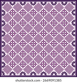 A seamless purple geometric pattern with floral and diamond motifs. The elegant repeating design is suitable for fabrics, home decor, wallpapers, crafts, invitations, and textile prints.