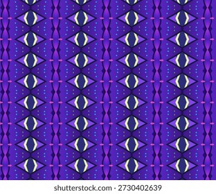 Padrão geométrico roxo contínuo com simetria tribal e acentos brilhantes. Fundo decorativo abstrato perfeito para moda, têxtil, papel de parede e design digital.