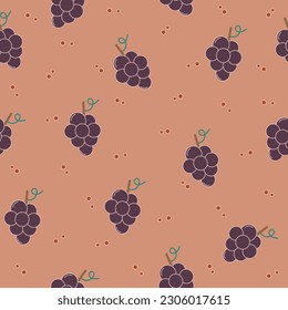 Seamless of purple grape branch with leaves and dots. Grapes vector repeat pattern backgrounds. For paper, cover, fabric, gift wrap, wall art, interior decoration, card, paper gift, phone case.