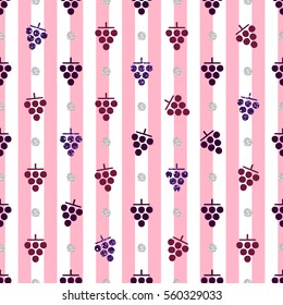 seamless purple grape with silver dot glitter pattern on stripe background