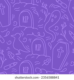 Seamless purple Halloween pattern. Raven, tombs, ghost, grave, tombstone. Vector illustration in doodle hand drawn style.