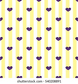 SEAMLESS PURPLE HEART GLITTER  ON YELLOW STRIPE BACKGROUND