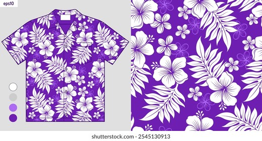 Padrão floral de hibisco roxo sem costura na camisa havaiana mockup, inspirada moda de verão Aloha, design vetorial tropical elegante para roupas de praia, roupas de verão e desgaste casual, não gerado por IA