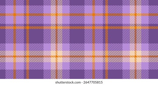 A seamless purple and orange tartan plaid pattern with bold diagonal accents, ideal for textiles, fashion, and modern design projects.