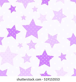 Seamless purple pastel pattern with colorful stars with small round holes 
