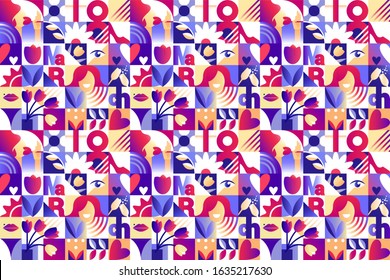 Seamless purple pattern for 8 march women`s day celebration with holiday symbols in geometric style. Vector illustration