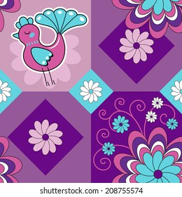 Seamless purple pattern with bird and flowers, vector background