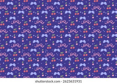 Seamless purple pattern with bows and cherries – whimsical vector design with fruity and ribbon elements for fabric, packaging, and digital projects