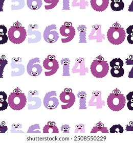 Seamless purple pattern of cartoon monster numbers on white background