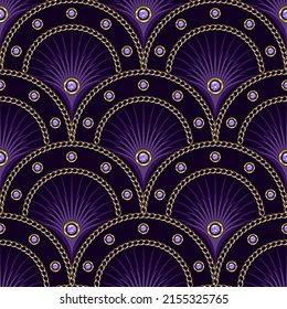 Seamless purple pattern with fan shaped grid, gold chains, violet gemstones, thin color rays inside of grid cell. Classic luxury background. Vector illustration