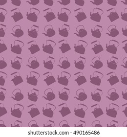 Seamless Purple Pattern with Kettle. Vector background with different teapots. Endless kitchen texture.
