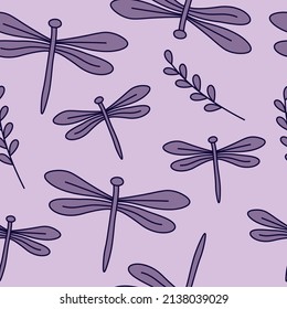 Seamless Purple Pattern. Ornament With Dragon Fly. Vector Wild Nature Pattern. Summer Background.