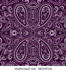 Seamless purple pattern with paisley and flowers. Traditional ethnic ornament. Vector background.