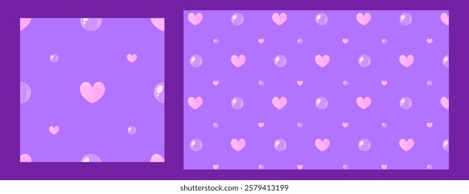 Seamless purple pattern with pink hearts and bubbles. Cute and romantic design for Valentine's Day, weddings, greeting cards, wrapping paper, and textiles. High-quality vector illustration.