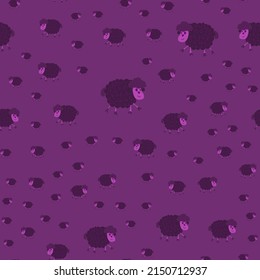 Patrón púrpura sin foco con ovejas dibujadas a mano. Para productos textiles e impresos